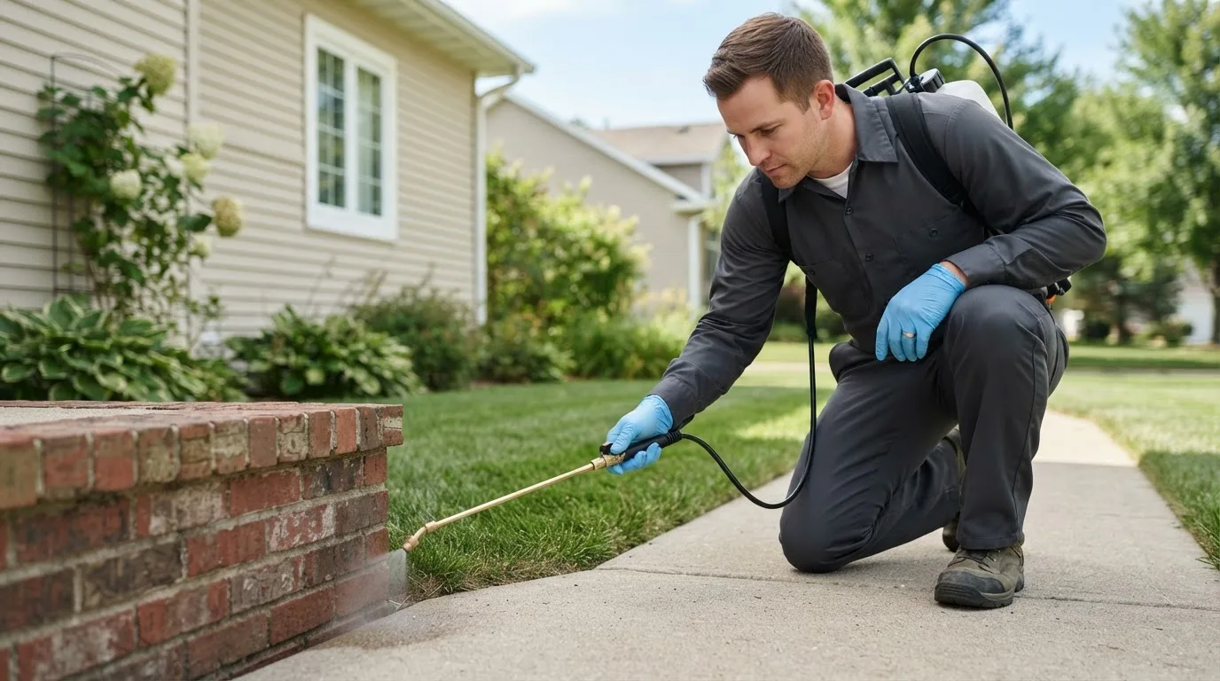 Pest control technician treating a home near Crookston, NE