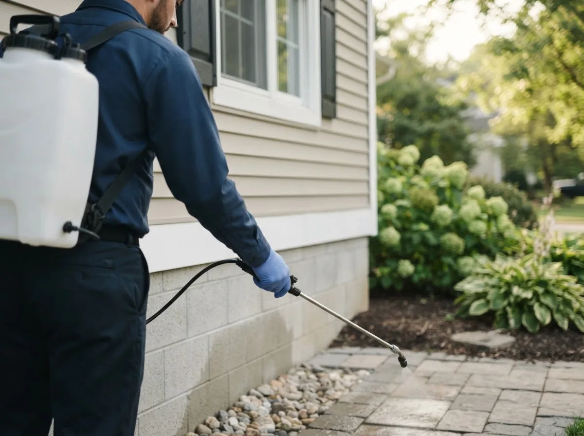 Pest control technician inspecting a home in Crookston, NE